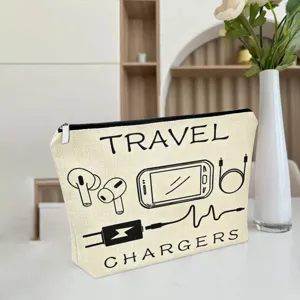 Canvas travel cable organizer bag, portable zipper pouch for chargers and earphones