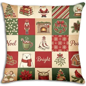 Retro Christmas patchwork throw pillow cover with cute holiday print design for sofa decor.