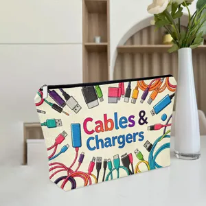 Detailed view of portable cable storage bag with cartoon tech print and secure zipper closure.