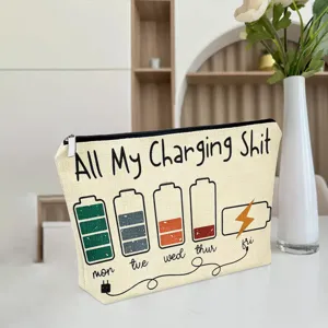 Canvas zipper storage pouch with funny battery charging text, ideal for digital accessories.