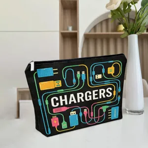 Black canvas zipper storage bag for digital cables, portable charger organizer pouch.