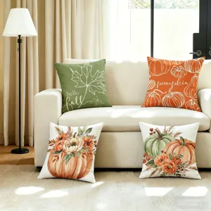 Set di 4 federe per cuscini decorativi autunnali con zucche e motivi di foglie.