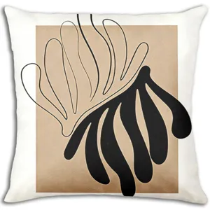 Detail de housse de coussin art abstrait, design moderne beige et noir minimaliste.