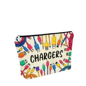 Portable canvas digital storage bag featuring colorful charger cables print and zipper.