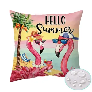 Waterproof polyester cushion cover with summer beach flamingo watercolor print for outdoor sofa.
