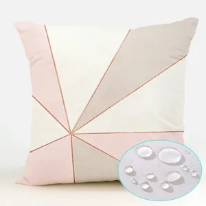 Waterproof Nordic geometric throw pillow cover detail, modern pink and grey cushion fabric.