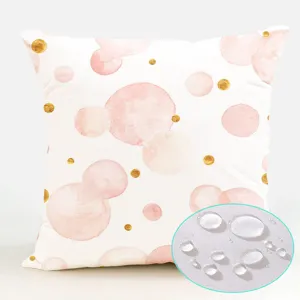Waterproof polyester pink watercolor dot throw pillow cover, detailed waterproof fabric view.