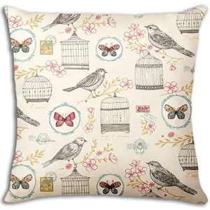 Fundas de cojín decorativas vintage con patrón de pájaros y jaulas para sofá.