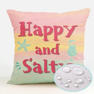 Waterproof polyester throw pillow cover with summer beach watercolor design for outdoor sofa.