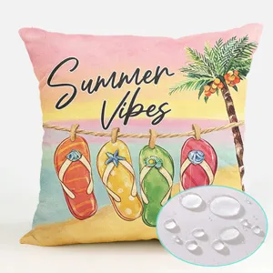 Waterproof polyester summer beach pillow cover, tropical palm tree cushion case for outdoor sofa.