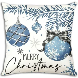 Nordic style Christmas decorative pillowcase featuring blue watercolor ornaments and snowflakes.