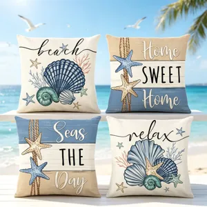 Housses de coussin imperméables en polyester lot de 4, plage coquillage étoile de mer déco.