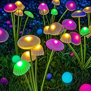 Outdoor solar LED mushroom lights glowing in garden, vibrant colors for yard lawn decor.