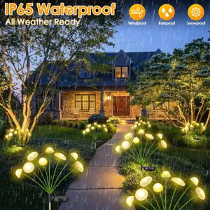 Outdoor solar garden mushroom light scene detail, warm waterproof LED lawn landscape illumination.