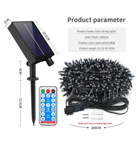 Dettaglio dei parametri della stringa di luci LED solare con pannello e telecomando.