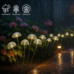 Details showing glowing solar mushroom lights for outdoor garden and lawn landscape decor.