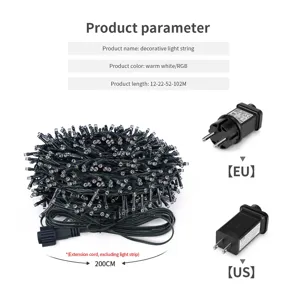 LED decoratieve lichtketting met verlengsnoer en EU US stekkers voor warm witte verlichting.