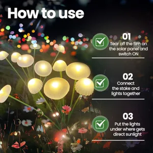 Outdoor solar mushroom lights detail showing installation steps and glowing garden atmosphere effect.