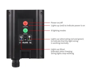 Scatola di controllo per luci a LED solari con 8 modalità e spie per uso esterno.