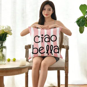 Cojín decorativo de rayas rosas de estilo nórdico con estampado de letras ciao bella
