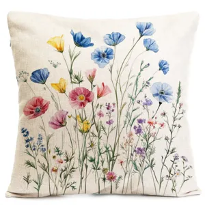 Watercolor wild flower pillow cover, fresh pastoral floral decorative cushion case for sofa bed.