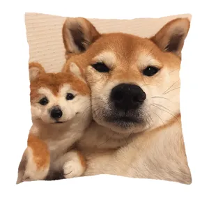 Custom pet photo throw pillow featuring cute shiba inu dog and plush toy. Soft sofa cushion gift.