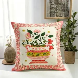 Bohemian vintage floral linen cushion cover, American rustic patchwork throw pillow case.