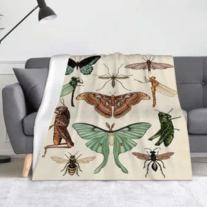 Κουβέρτα fleece με vintage στάμπα εντόμων, ρετρό σχέδιο πεταλούδας για διακόσμηση σπιτιού.