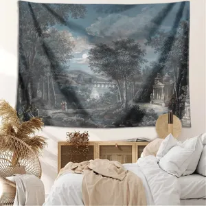 Close-up view of the vintage European classical landscape oil painting tapestry decor.