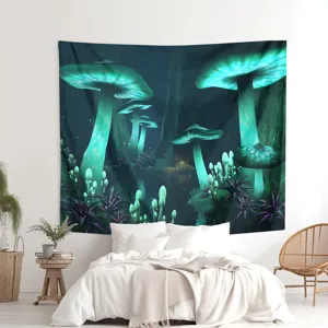 Glow in the dark mushroom tapestry fantasy forest wall hanging for bedroom decor space.
