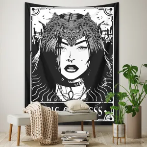 Tapisserie murale gothique lune de tarot noire et blanche pour deco chambre esthetique.