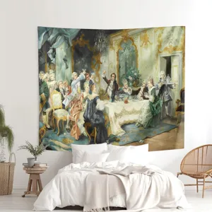 European classical oil painting style tapestry detail displayed on bedroom wall decor.