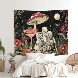 Detailed view of the psychedelic mushroom and skeleton wall tapestry in a cozy bedroom setup.