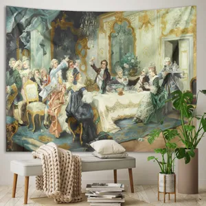 Detailed scene view of classical European oil painting tapestry wall hanging decor for home.