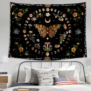 Detailed scene view of boho butterfly tapestry with mystical moon and mushroom artwork.
