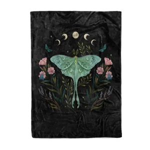 Βintage κουβέρτα Luna moth ουράνια φάση σελήνης βοτανική λουλουδάτη βελούδινη για το σπίτι