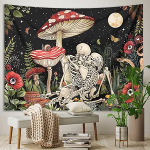 Psychedelic mushroom skull tapestry wall hanging aesthetic bedroom dorm room decor backdrop.