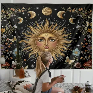 Boho Sun Moon Tapestry Psychedelic Mushroom Wall Hanging for Aesthetic Bedroom Decor