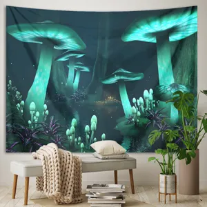 Psychedelic mushroom tapestry detail view, glowing forest wall hanging for bedroom decor.