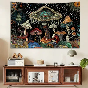 Psychedelic mushroom tapestry wall hanging detail, cosmic eye and star decor for bedroom room.