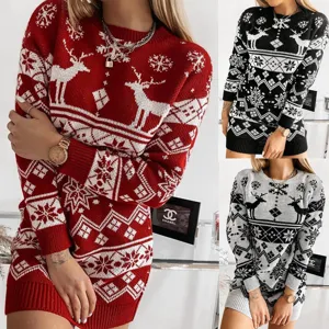 Christmas Reindeer Snowflake Knitted Sweater Dress Long Sleeve Casual Winter Outfits