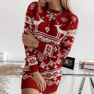 Women's Christmas Elk Snowflake Jacquard Long Sleeve Crew Neck Bodycon Sweater Dress Elegant Winter Knitted Dress