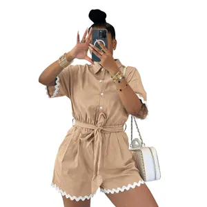 Mujer Casual Poliéster Solapa Monotonía Ribete de Encaje Cordón Talle Medio Pierna Ancha Romper Mameluco Corto