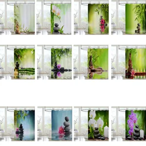 Detailed view showing various zen bamboo and stone shower curtain designs for bathrooms.
