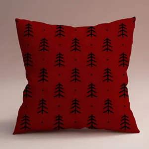 Housse de coussin carrée rouge avec motif d'arbre de pin minimaliste noir pour canapé.