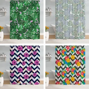 Tropical plant and floral print waterproof shower curtain, multi-variant bathroom decor.