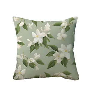 Salbeigrüner Kissenbezug mit weißem Blumenmuster, elegante botanische Kissenhülle für Sofa und Bett.