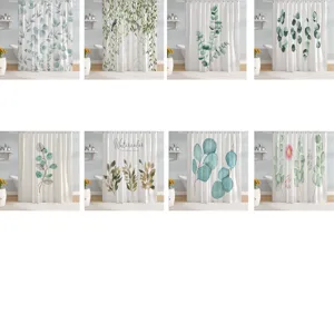 Waterproof fabric shower curtain with watercolor eucalyptus leaf patterns, bathroom decor.