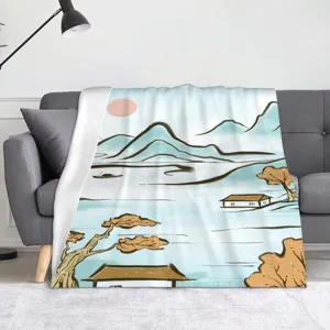 Morbida coperta in flanella con stampa di paesaggio artistico, ideale per divano e riposo.