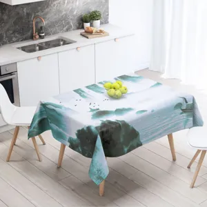 Mantel de poliéster impermeable con diseño de paisaje tradicional para comedor moderno.